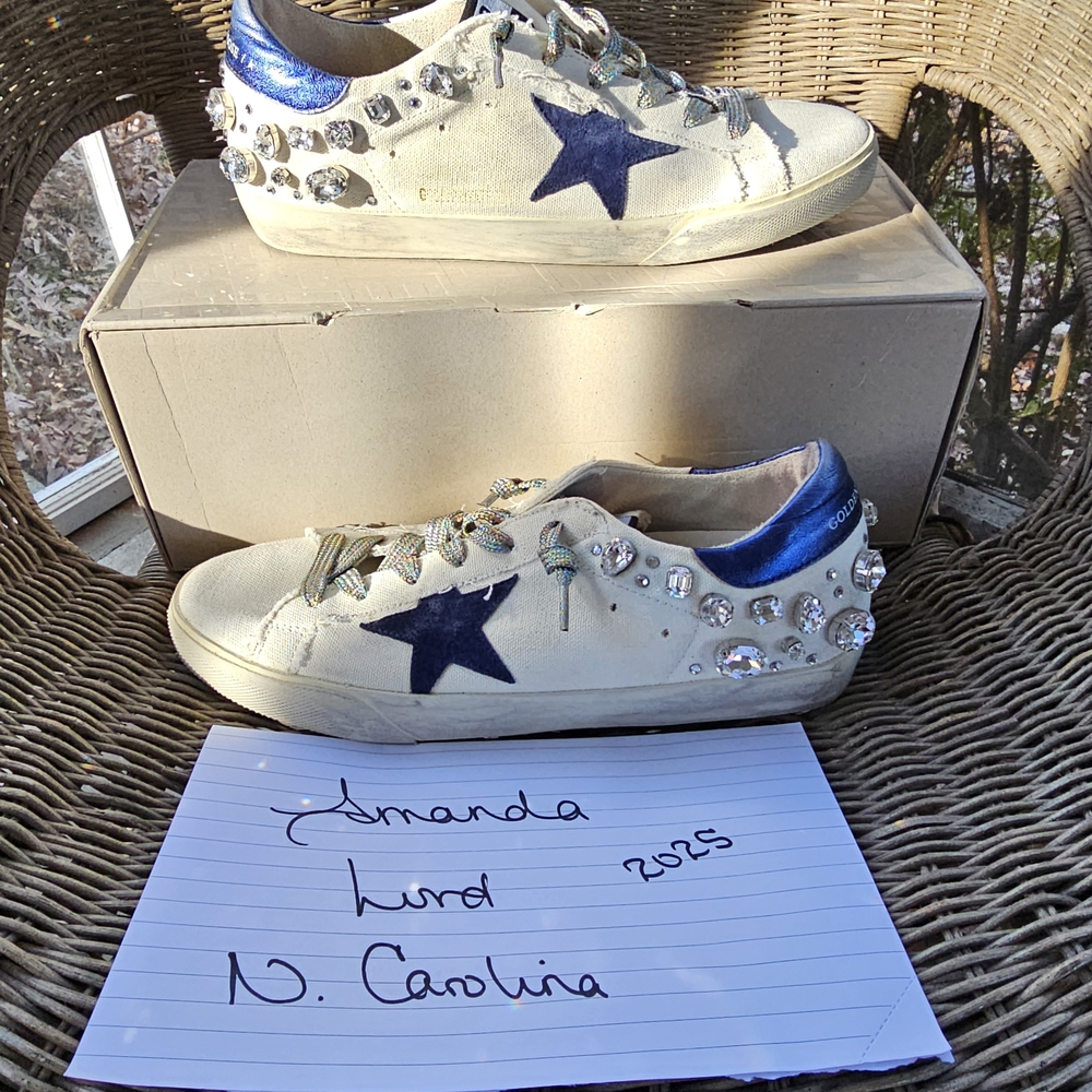 Golden Goose Cream and Blue Star Sneakers